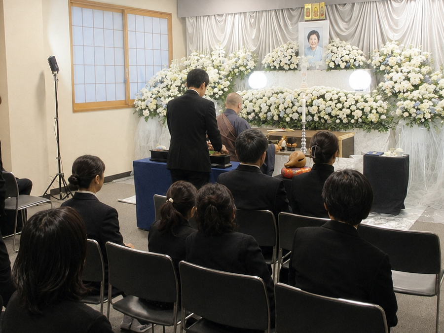 花に囲まれた式場で故人を偲ぶご家族